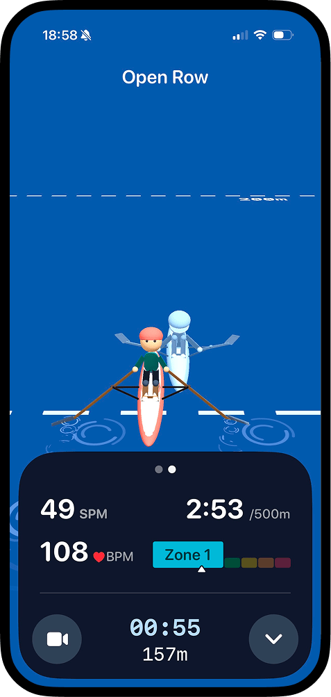 RowPal on iPhone, showing an open row in progress: 49 strokes per minute, a 2:53 split per 500m, 108 heart-rate BPM in Zone 1, and 157m covered in 55 seconds.